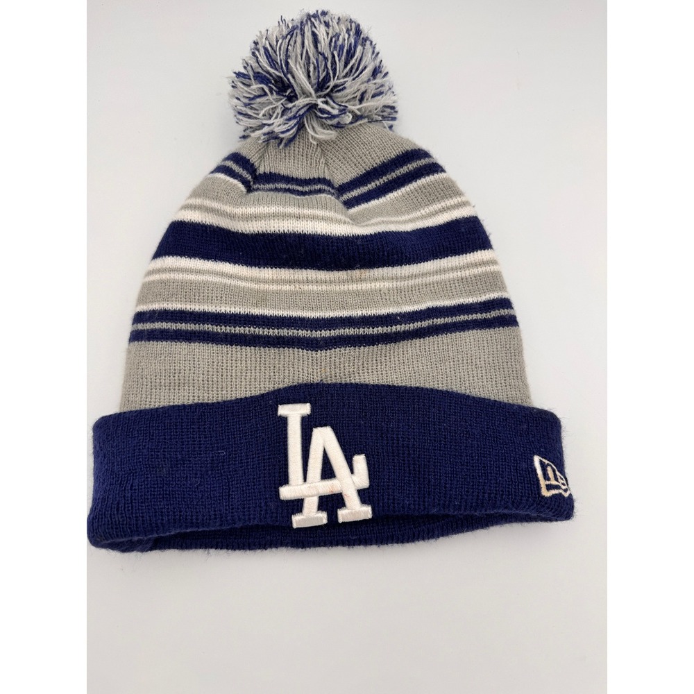 Los Angeles LA Dodgers New Era Knit Pom Beanie Hat Blue Gray Stripe One Size